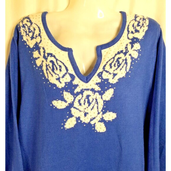 Women' Sweater Top Cathy Daniels Studded Embellished V-Neck Blue 3/4 Size 2X - Picture 3 of 5